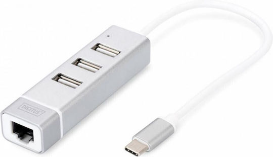 Digitus Hub 3 Θυρών USB 2.0 με σύνδεση USB-C / Ethernet Λευκό