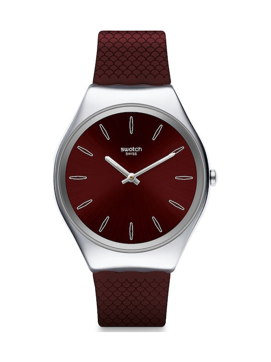 Swatch Skinbrushed Watch with Burgundy Rubber Strap