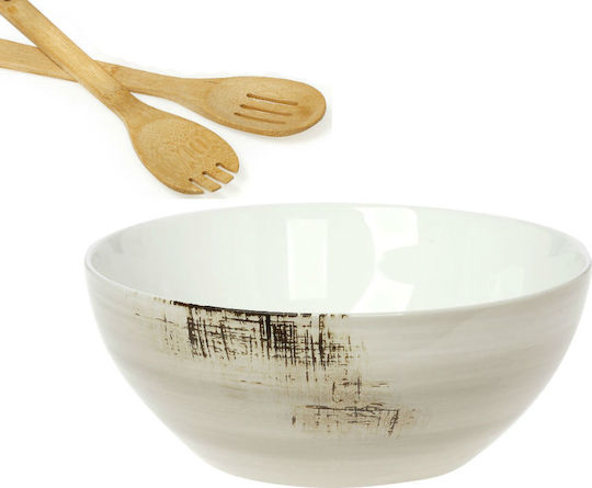 Cryspo Trio Salad Bowl Country Beige Salad Bowl with Salad Spoons Porcelain Greyz 25x25cm