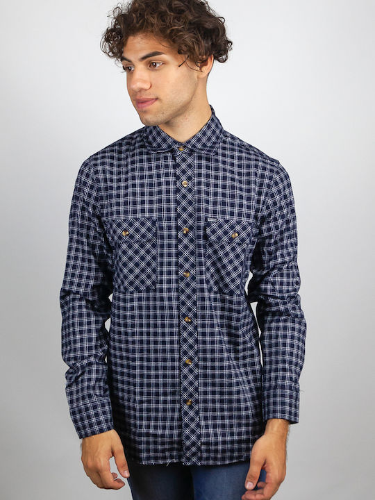 Emerson Long-sleeved Flannel Shirt Checked Navy...