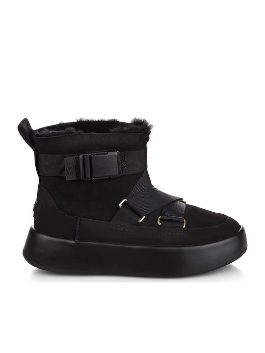 Classic Boom Buckle Suede Women's Ankle Boots with Fur Black