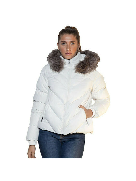 Splendid Kurz Damen Puffer Jacke mit pelziger Kapuze für Winter Weiß