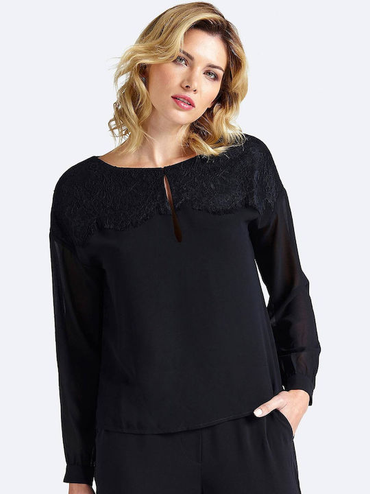 Guess Damen Bluse Langärmelig Schwarz