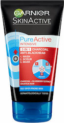 Garnier Skinactive PureActive Charcoal Scrub Προσώπου για Λιπαρές Επιδερμίδες (Wash, Scrub and Mask) 50ml