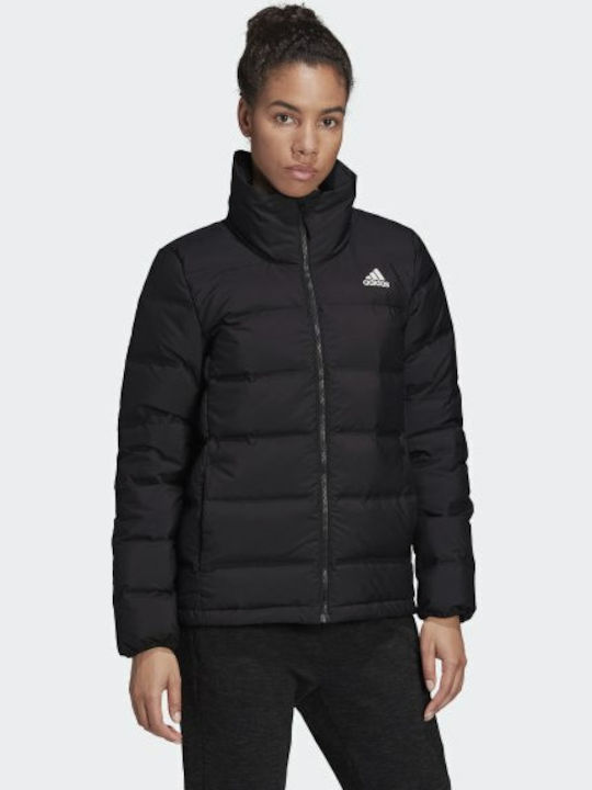 Adidas Helionic 3-Stripes Κοντό Γυναικείο Puffer Μπουφάν Αδιάβροχο και Αντιανεμικό για Χειμώνα Μαύρο