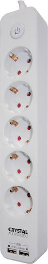 Crystal Audio Power Strip with Surge Protection 5 Positions with 2 USB-A, Switch and Cable 1.5m