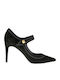 Suede Pointed Toe Black Heels with Strap Bodie