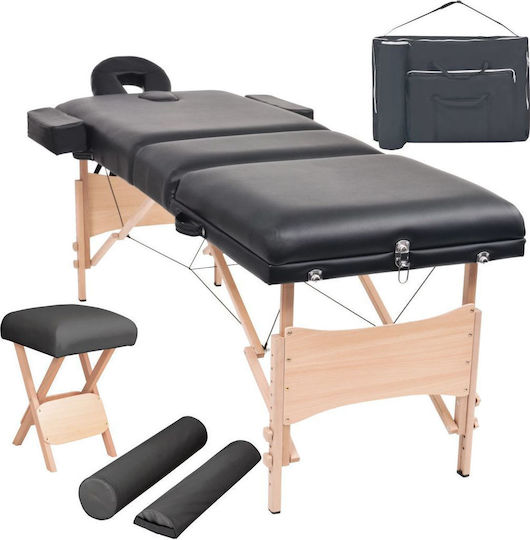 vidaXL Wooden Portable/Folding Black Massage and Physiotherapy Bed 193x67cm 3 Positions with Stool