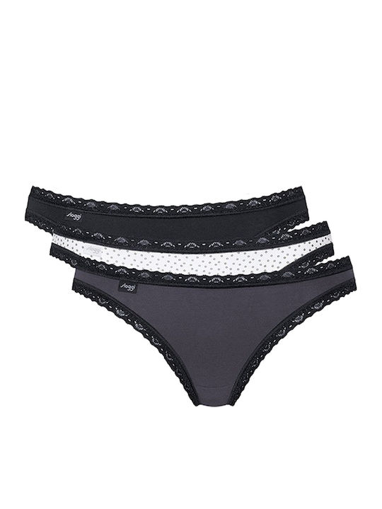 24/7 Weekend Tanga Βαμβακερά Femei Slip 3Pack cu Dantelă Alb/negru/gri