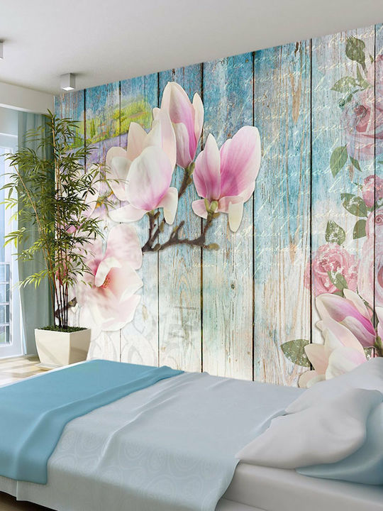 Wall Mural Pink Flowers On Wood 150x105 Fabric Pink