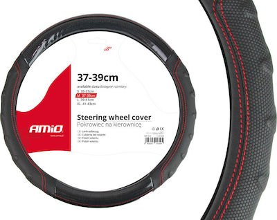 AMiO Car Steering Wheel Cover SWC-21 with Diameter 37-39cm Synthetic Black with Red Seam