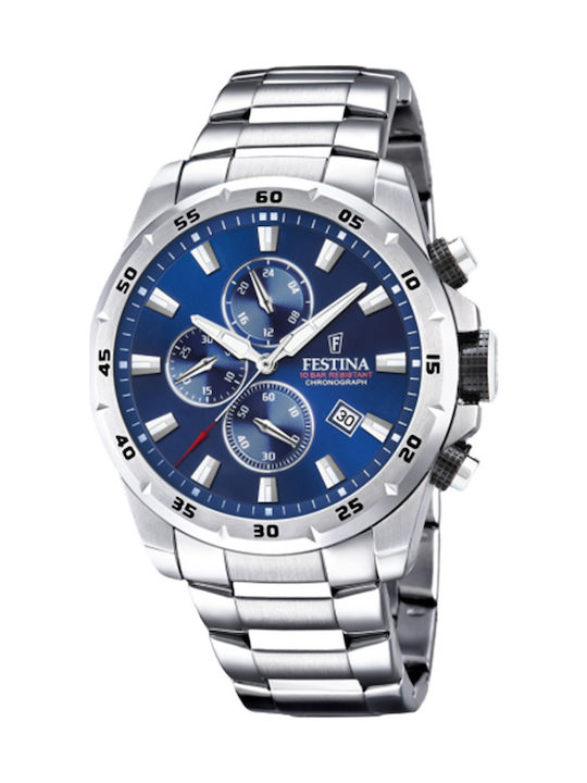 Festina Ανδρικό Ρολόι 44mm Χρονογράφος Μπαταρίας με Ασημί Μεταλλικό Μπρασελέ