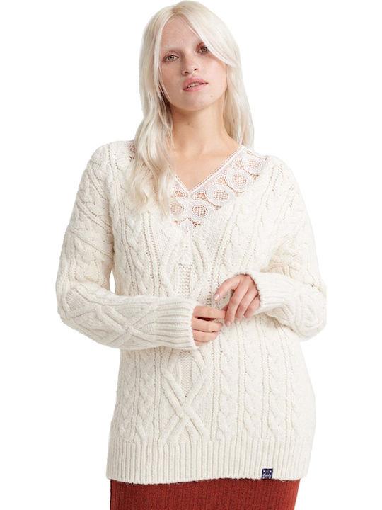 Superdry Lannah Women's Long Sleeve Sweater with V Neckline White