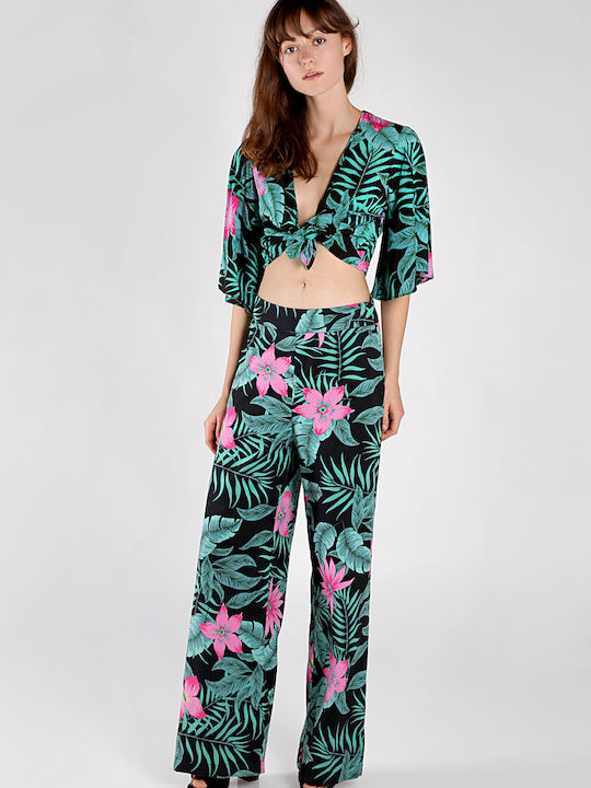 Pepe Jeans Eva Women's High-waisted Fabric Trousers Floral Black
