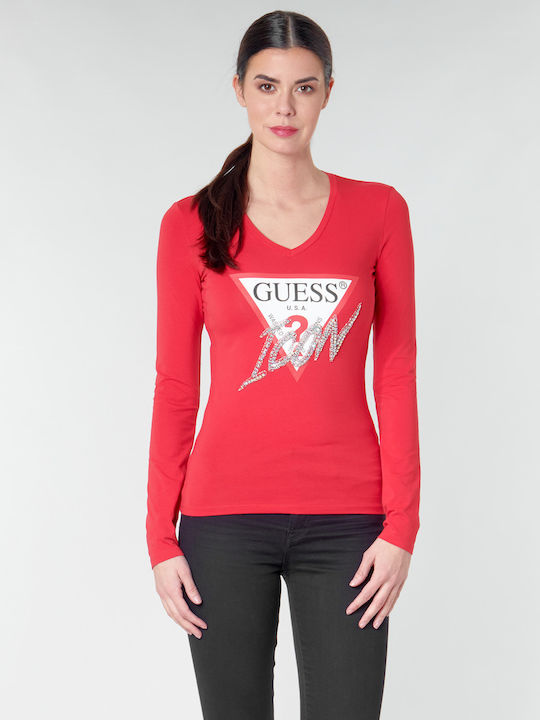 Guess Women's Blouse Cotton Long Sleeve with V Neckline Red