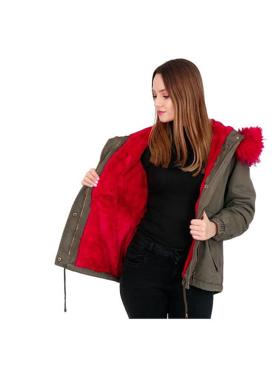 Khaki Parka Jacket with Red Fur