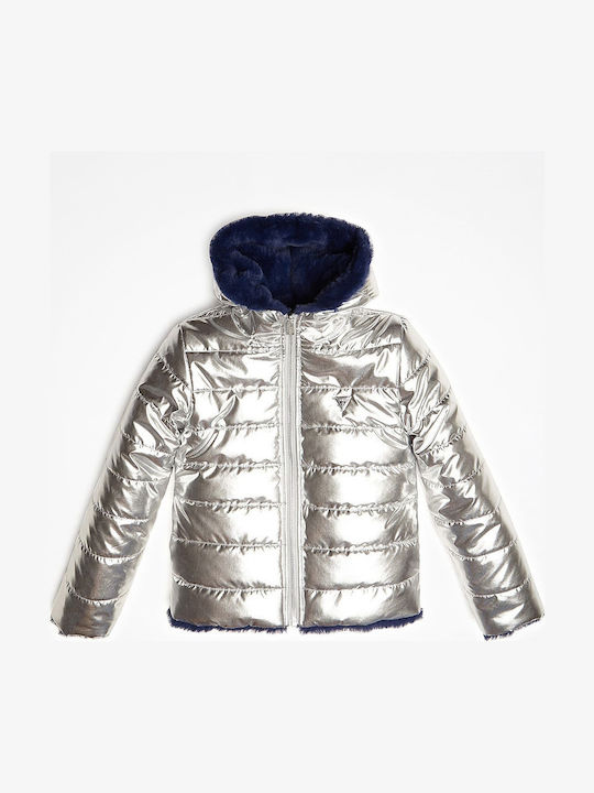 Kids' Quilted Jacket Short Double Sided with Hood Silver
