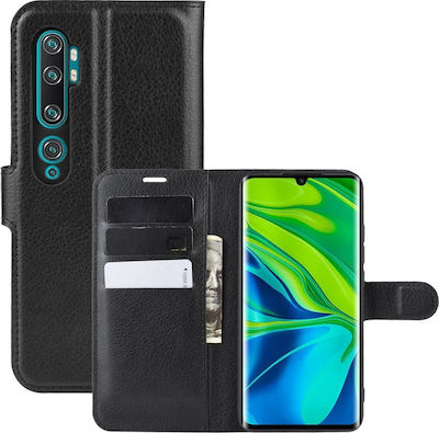 Xiaomi Mi Note 10 / Pro OEM Litchi Texture Leather Case with support base, card slots and magnetic Flip Wallet clasp made of synthetic leather and TPU black