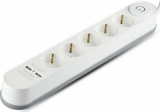 V-TAC Πολύπριζο 5 Θέσεων με 2 USB-A, Διακόπτη και Καλώδιο 3m
