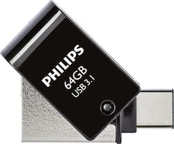 Philips 2-in-1 64GB USB 3.1 Stick cu conexiune USB-C Negru