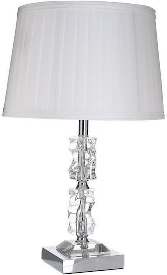 Inart Glass Table Lamp for Socket E27 with White Shade and Silver Base