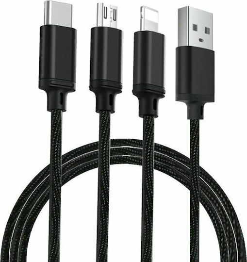 Proda Braided USB to Lightning / Type-C / micro USB Cable Μαύρο 1m (PD-B31th)