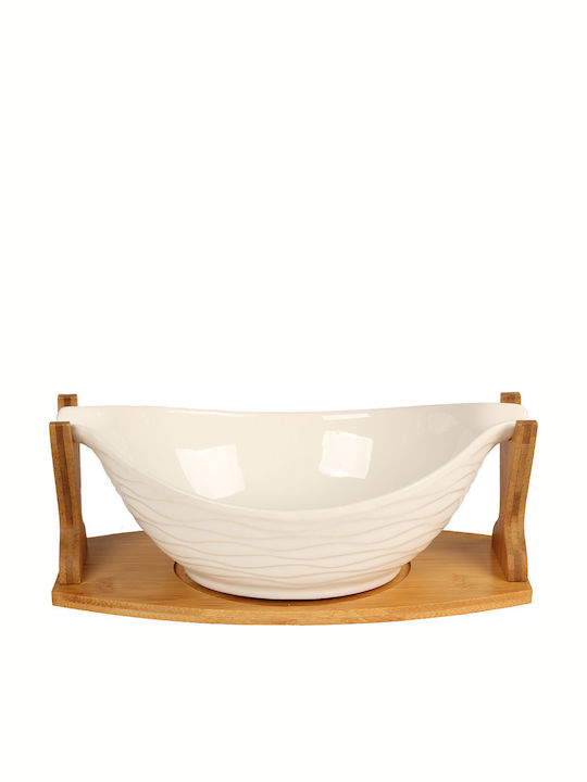 Keskor Porcelain Salad Bowl with wooden base 30x17.5x12cm