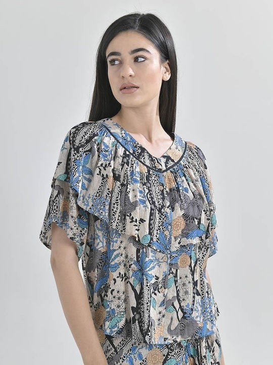 Ble Resort Collection Damen Sommer Bluse Kurzärmelig Blumen Mehrfarbig