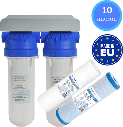 USTM EMI FS2 Water Filtration System Double Under Sink Micron 1/4'' with Faucet & Replacement Filter USTM PS20 20μm, USTM BL10 10μm