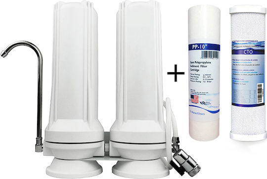 QWaterFilters CT2 Συσκευή Φίλτρου Νερού Άνω Πάγκου Διπλή με Ανταλλακτικό Φίλτρο QWaterFilters PP-10", QWaterFilters CTO 5 μm TR.0002.9