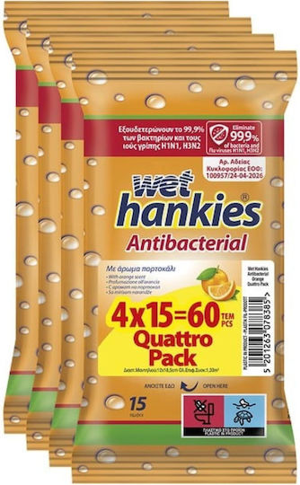 ΜΕΓΑ Wet Hankies Clean & Refresh Antibacterial Αντισηπτικά Μαντηλάκια Χεριών 4x15τμχ Πορτοκάλι