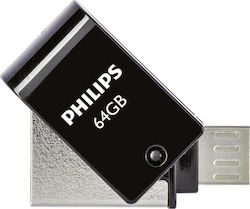 Philips 2-in-1 64GB USB 2.0 Stick με σύνδεση micro USB-B Μαύρο