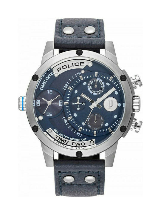 Police Scythe Watch Chronograph Battery with Blue Leather Strap