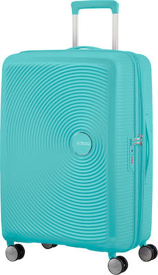 American Tourister Soundbox Spinner Expandable Medium Travel Suitcase Hard Turquoise with 4 Wheels Height 67cm.