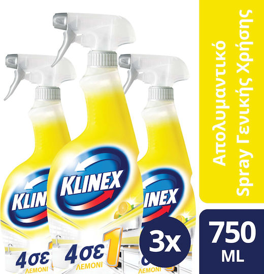 Klinex 4 σε 1 Καθαριστικό Spray Γενικής Χρήσης με Απολυμαντική Δράση Λεμόνι 3x750ml