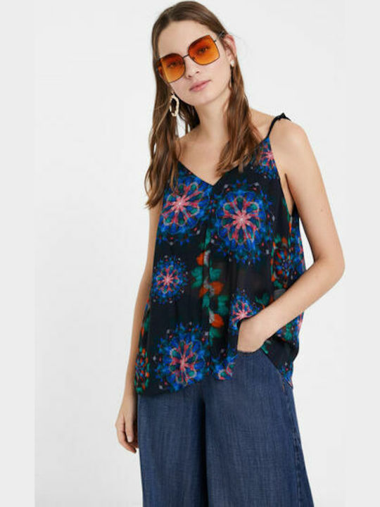 Desigual Damen Sommer Bluse mit Trägern & V-Ausschnitt Blumen Schwarz