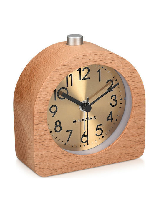 Navaris Analogue Wood Alarm Clock Design Half Round - Analogue Table Clock and Alarm Clock - Gold / Light Brown - 46228.24