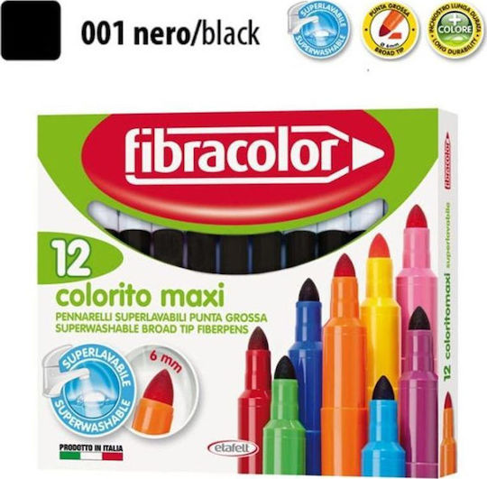 Fibracolor Colorito Maxi Μαύροι Μαρκαδόροι Ζωγραφικής 6mm Χονδροί, Πλενόμενοι Σετ 12τμχ