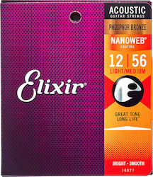 Elixir Set of Phosphor Bronze Strings for Acoustic Guitar Nanoweb 12 - 56"