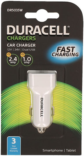 Duracell Car Charger 3.4Ah Car Charger 3.4A Fast Charging with Ports: 2xUSB White Color