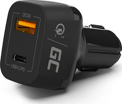 Green Cell Car Charger Black Total Intensity 3.6A Fast Charging with Ports: 1xUSB 1xType-C