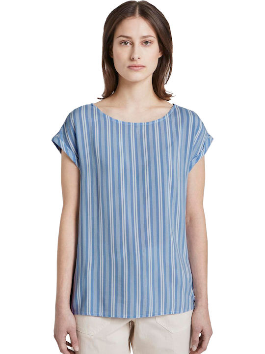 Tom Tailor Damen Sommer Bluse Kurzärmelig Gestreift Hellblau