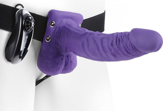 Pipedream Fetish Fantasy Series Vibrating Hollow Strap-On with Balls Gurtzeug mit Dildo 18cm und Vibration in Lila Farbe