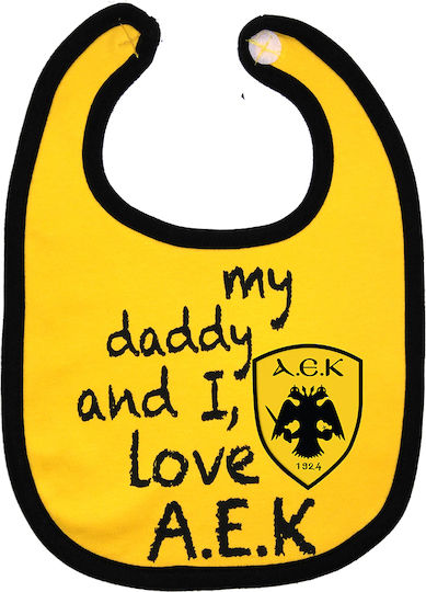 AEK Mein Daddy und ich lieben ΑΕΚ Lätzchen Stoff mit Bügelverschluss und Schlaufe Gelb