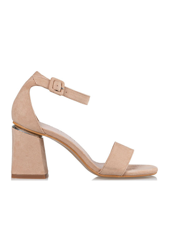 Envie Shoes Suede Women's Sandals with Ankle Strap Pink with Chunky High Heel