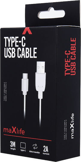 Maxlife Cablu USB 2.0 USB-C Masculin - USB-A Alb 3m MAXLIFETYPEC3