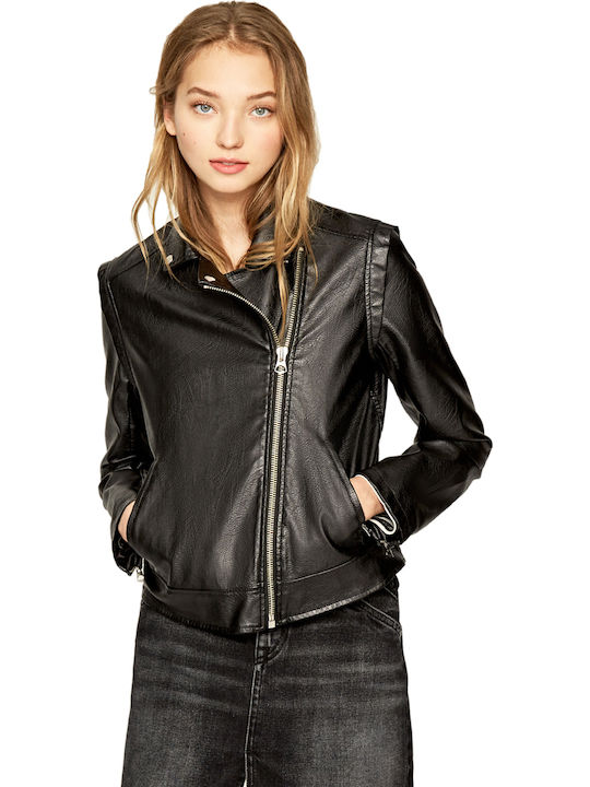 Pepe Jeans Pina Women's Short Biker Artificial Leather Jacket for Winter Black