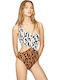 Pepe Jeans Abril One-Piece Swimsuit with One Shoulder Animal Print White/Brown