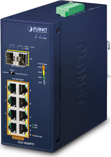 Planet IGS-1020PTF Unmanaged L2 PoE+ Switch με 8 Θύρες Gigabit (1Gbps) Ethernet και 2 SFP Θύρες