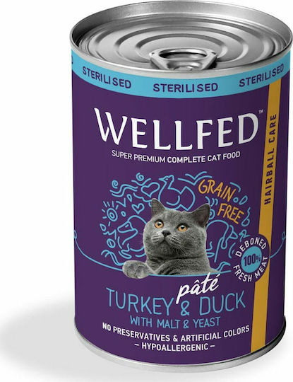 Wellfed Sterilised Hairball Care Wet Food for Adult Cats in Cans with Turkey and Duck 400gr